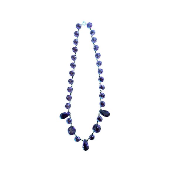 Amethyst Colored Rivière Necklace With Teardrop Accents 15” Glass Crystal - Picture 5 of 12